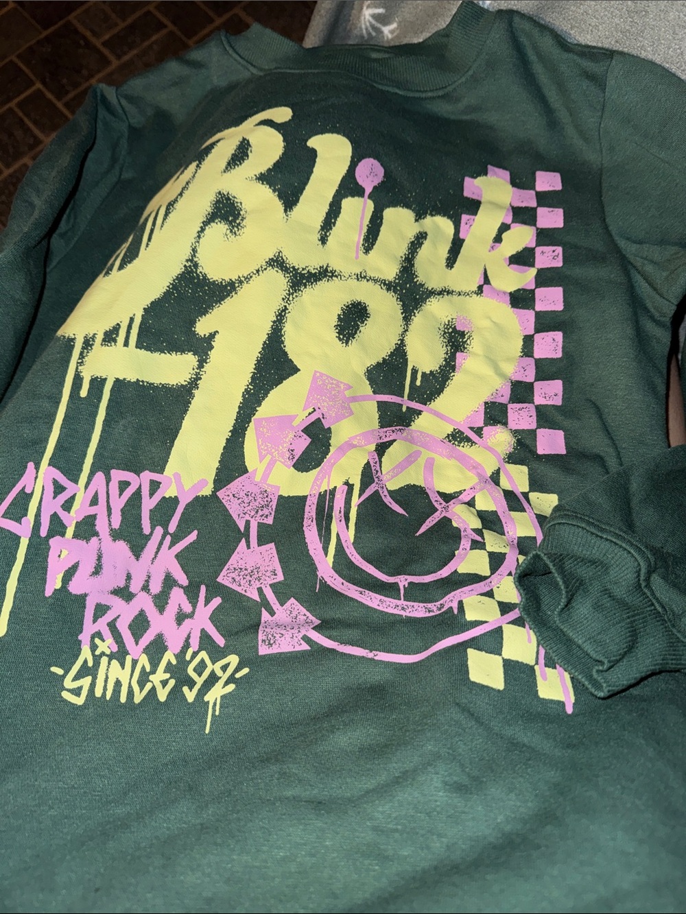Vintage women’s Blink-182 crewneck Sweatshirt - Green with Pink & Gold Print